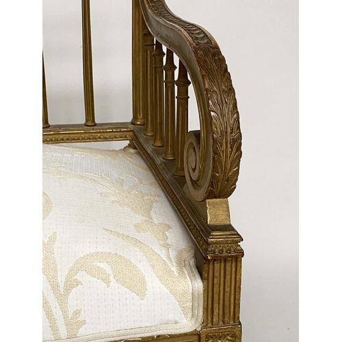 182 - CANAPE, early 20th century French Louis XVI style giltwood and brocade upholstered seat with raised ... 