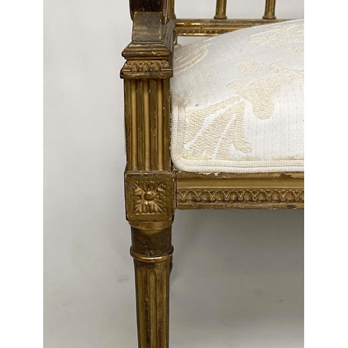 182 - CANAPE, early 20th century French Louis XVI style giltwood and brocade upholstered seat with raised ... 