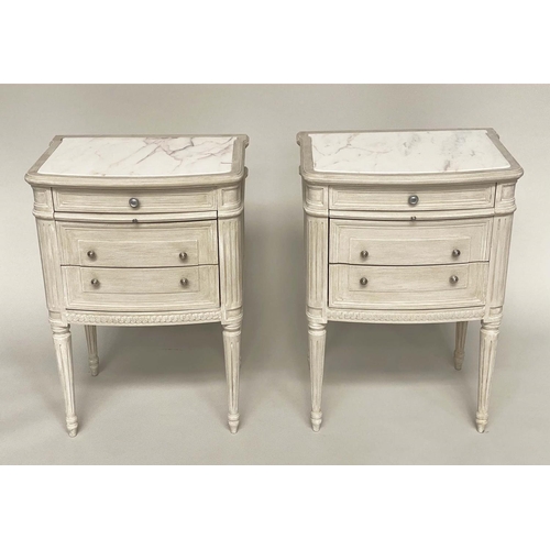 183 - BEDSIDE CHESTS, a pair, French Louis XVI style grey painted and silvered metal mounted each with thr... 