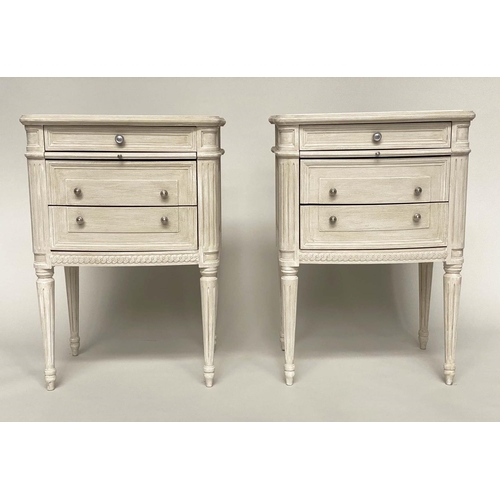 183 - BEDSIDE CHESTS, a pair, French Louis XVI style grey painted and silvered metal mounted each with thr... 