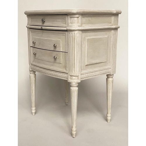 183 - BEDSIDE CHESTS, a pair, French Louis XVI style grey painted and silvered metal mounted each with thr... 