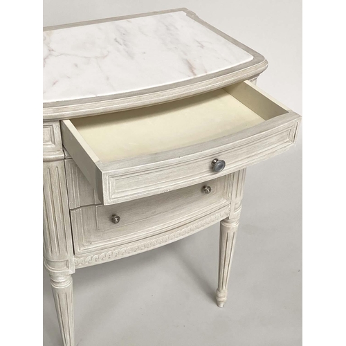 183 - BEDSIDE CHESTS, a pair, French Louis XVI style grey painted and silvered metal mounted each with thr... 