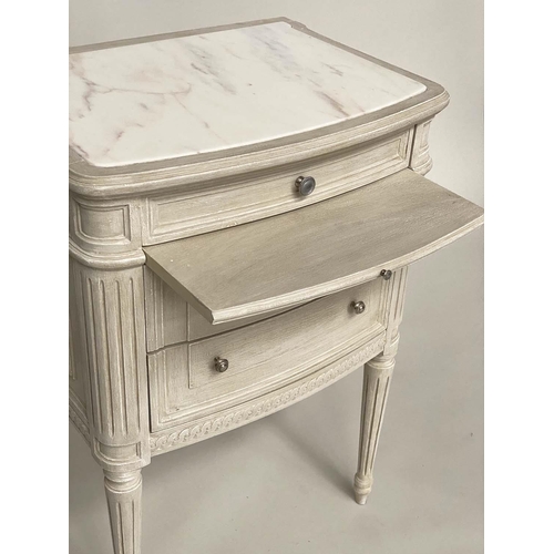 183 - BEDSIDE CHESTS, a pair, French Louis XVI style grey painted and silvered metal mounted each with thr... 