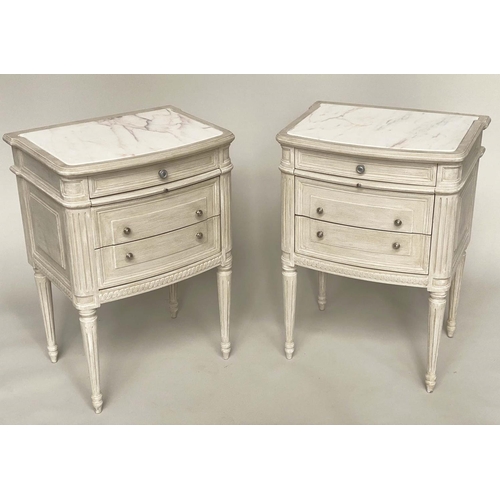 183 - BEDSIDE CHESTS, a pair, French Louis XVI style grey painted and silvered metal mounted each with thr... 