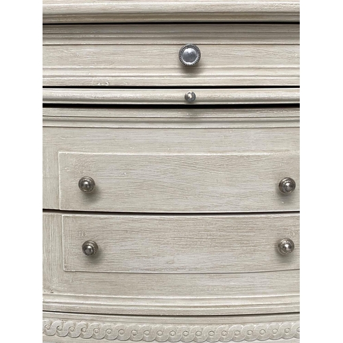 183 - BEDSIDE CHESTS, a pair, French Louis XVI style grey painted and silvered metal mounted each with thr... 