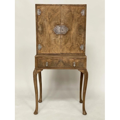 185 - COCKTAIL CABINET, early 20th century Queen Anne style walnut and silvered metal mounted with two pan... 