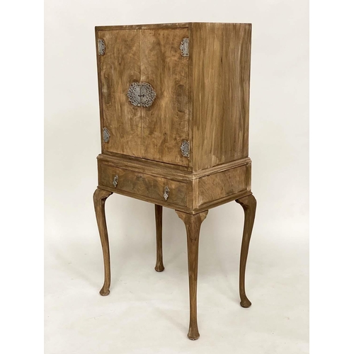 185 - COCKTAIL CABINET, early 20th century Queen Anne style walnut and silvered metal mounted with two pan... 