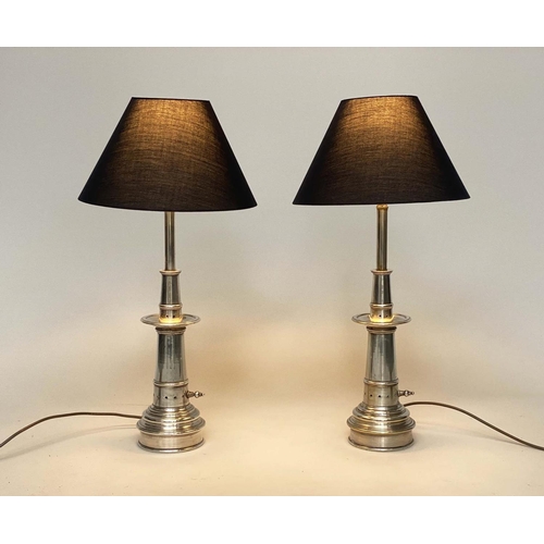 186 - TABLE LAMPS, a pair, silvered metal tapering ringed columns, 75cm H. (2)