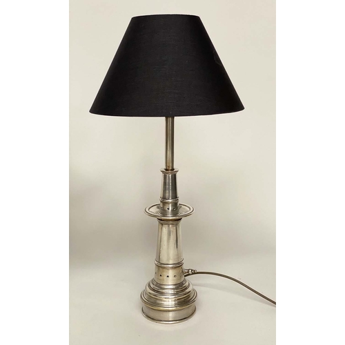 186 - TABLE LAMPS, a pair, silvered metal tapering ringed columns, 75cm H. (2)