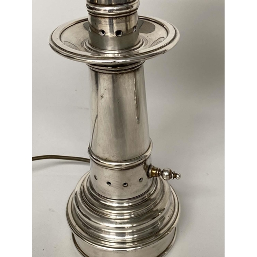 186 - TABLE LAMPS, a pair, silvered metal tapering ringed columns, 75cm H. (2)