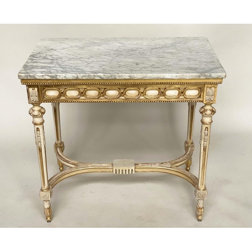 187 - CONSOLE TABLE, French Louis XVI style grey painted parcel gilt with Carrara marble top, ribbon loop ... 