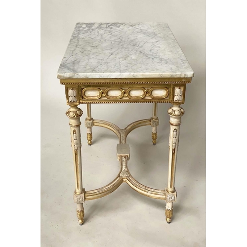 187 - CONSOLE TABLE, French Louis XVI style grey painted parcel gilt with Carrara marble top, ribbon loop ... 