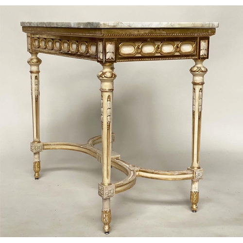 187 - CONSOLE TABLE, French Louis XVI style grey painted parcel gilt with Carrara marble top, ribbon loop ... 