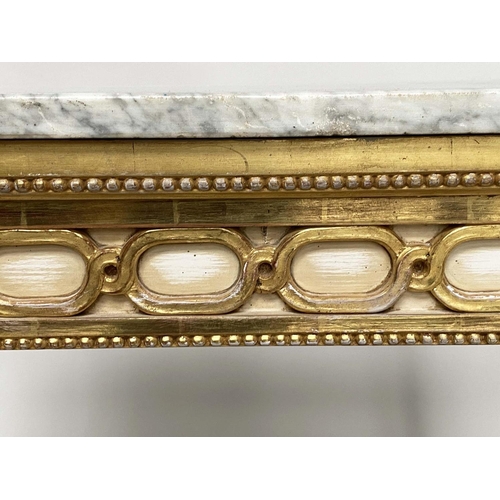 187 - CONSOLE TABLE, French Louis XVI style grey painted parcel gilt with Carrara marble top, ribbon loop ... 