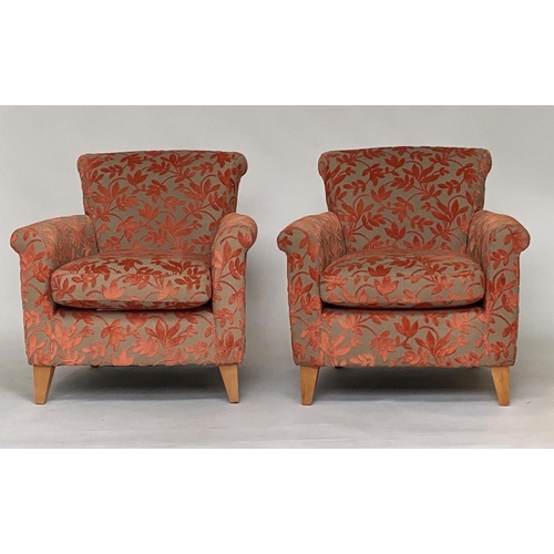 188 - ARMCHAIRS, a pair, Edwardian style two tone cut velvet with scroll backs and arms and square taperin... 