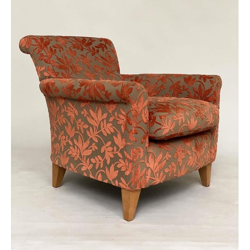 188 - ARMCHAIRS, a pair, Edwardian style two tone cut velvet with scroll backs and arms and square taperin... 