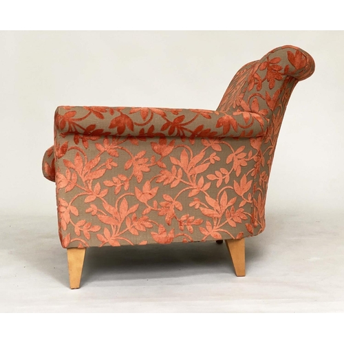 188 - ARMCHAIRS, a pair, Edwardian style two tone cut velvet with scroll backs and arms and square taperin... 