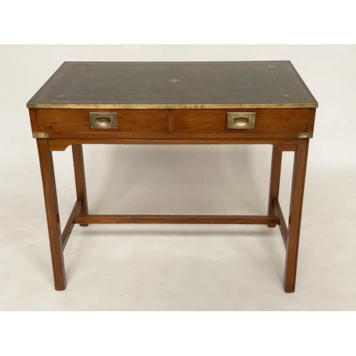 189 - WRITING TABLE, 1970's Campaign style yewwood and brass bound with gilt tooled green leather and two ... 