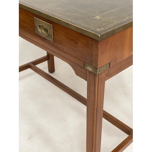 189 - WRITING TABLE, 1970's Campaign style yewwood and brass bound with gilt tooled green leather and two ... 