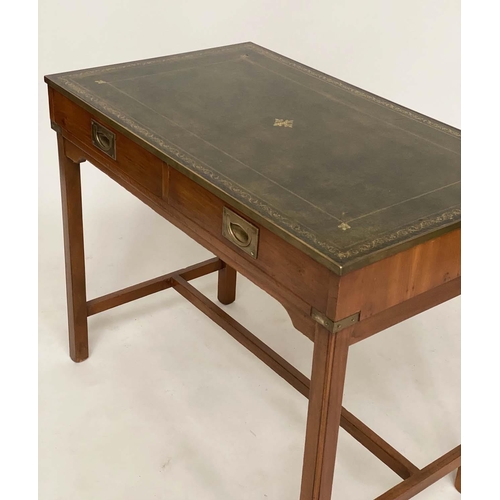 189 - WRITING TABLE, 1970's Campaign style yewwood and brass bound with gilt tooled green leather and two ... 