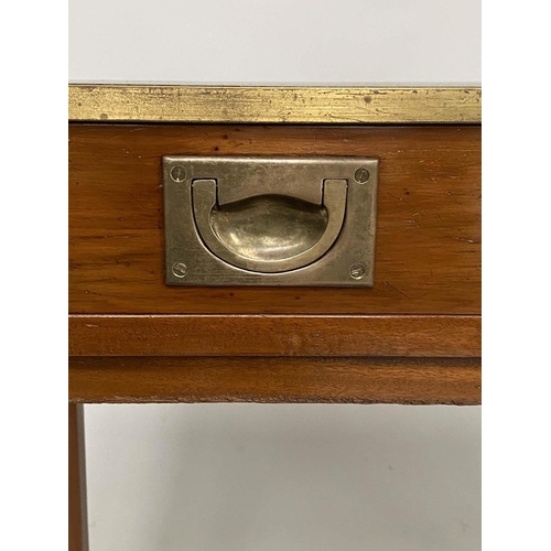 189 - WRITING TABLE, 1970's Campaign style yewwood and brass bound with gilt tooled green leather and two ... 