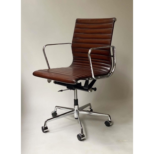 190 - REVOLVING DESK CHAIR, Charles and Ray Eames inspired ribbed mid brown leather seat revolving and rec... 