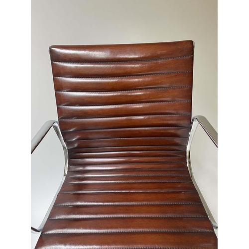 190 - REVOLVING DESK CHAIR, Charles and Ray Eames inspired ribbed mid brown leather seat revolving and rec... 