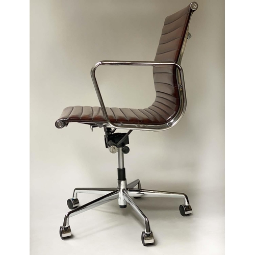 190 - REVOLVING DESK CHAIR, Charles and Ray Eames inspired ribbed mid brown leather seat revolving and rec... 