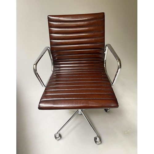 190 - REVOLVING DESK CHAIR, Charles and Ray Eames inspired ribbed mid brown leather seat revolving and rec... 