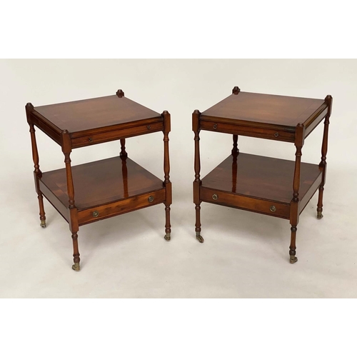 191 - LAMP TABLES, a pair, George III style yewwood each with brushing slide and undertier drawer, 45cm x ... 