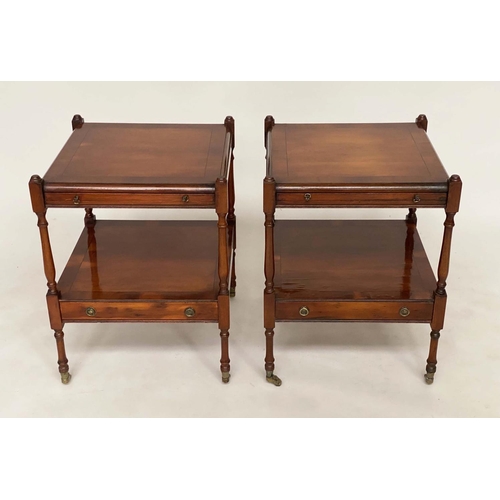 191 - LAMP TABLES, a pair, George III style yewwood each with brushing slide and undertier drawer, 45cm x ... 