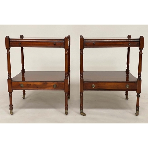 191 - LAMP TABLES, a pair, George III style yewwood each with brushing slide and undertier drawer, 45cm x ... 