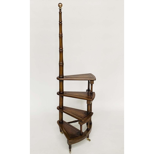 193 - LIBRARY STEPS, a set of Georgian style mahogany with four spiral gilt tooled leather trimmed treads ... 