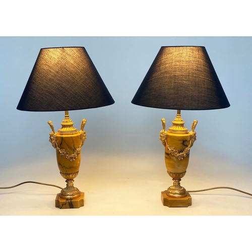 194 - TABLE LAMPS, a pair, sienna marble and ormolu mounted of Neoclassical vase form with mash and swags ... 