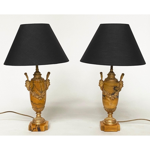 194 - TABLE LAMPS, a pair, sienna marble and ormolu mounted of Neoclassical vase form with mash and swags ... 