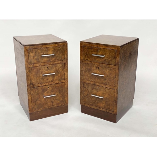 196 - ART DECO BEDSIDE CHESTS, a pair, burr walnut each with three drawers and chromium handles, 33cm x 36... 