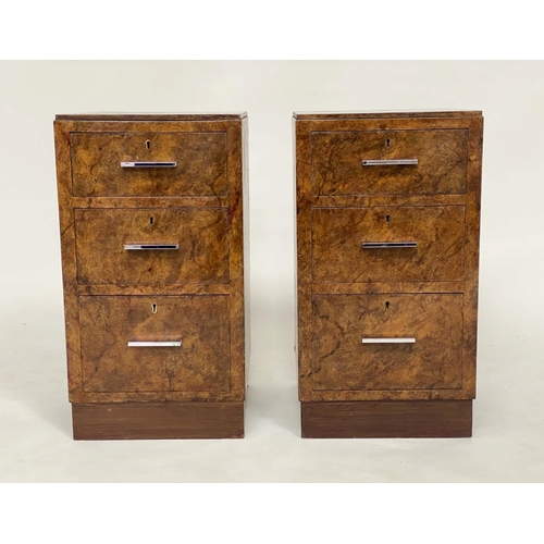 196 - ART DECO BEDSIDE CHESTS, a pair, burr walnut each with three drawers and chromium handles, 33cm x 36... 