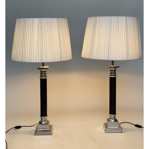 197 - TABLE LAMPS, a pair, black and silvered metal, with stepped bases and pleated shades, 96cm H. (2)