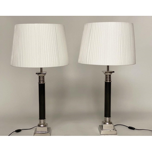 197 - TABLE LAMPS, a pair, black and silvered metal, with stepped bases and pleated shades, 96cm H. (2)