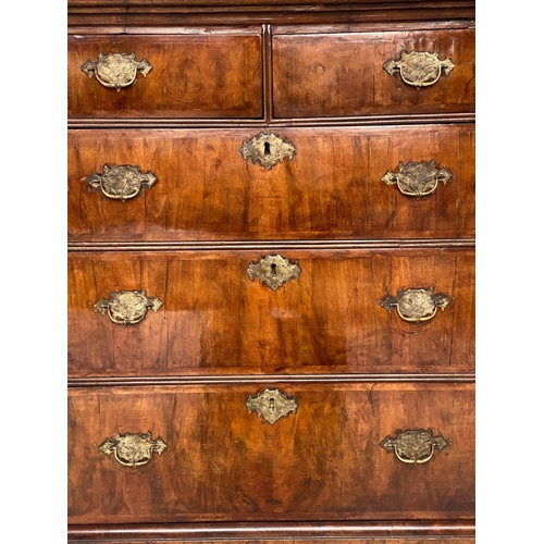 226 - CHEST, early 18th century English Queen Anne figured walnut with two short above three long drawers,... 