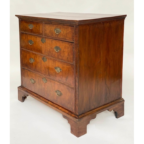 226 - CHEST, early 18th century English Queen Anne figured walnut with two short above three long drawers,... 