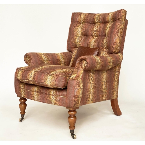 227 - MULBERRY ARMCHAIR, Mulberry Burford armchair with buttoned back, scroll arms and turned supports, 83... 