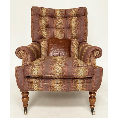 227 - MULBERRY ARMCHAIR, Mulberry Burford armchair with buttoned back, scroll arms and turned supports, 83... 