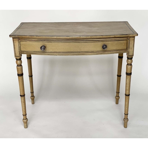 228 - WRITING TABLE, mid 19th century English bowfronted, painted and lined with single frieze drawer and ... 