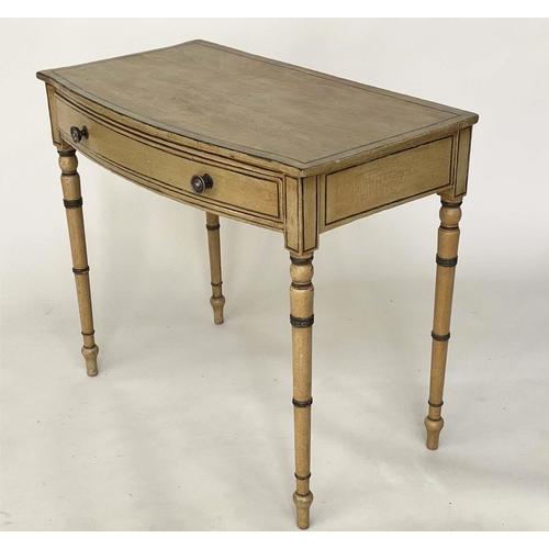 228 - WRITING TABLE, mid 19th century English bowfronted, painted and lined with single frieze drawer and ... 