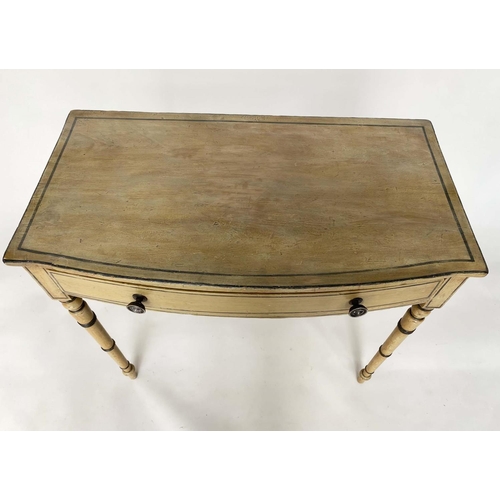 228 - WRITING TABLE, mid 19th century English bowfronted, painted and lined with single frieze drawer and ... 