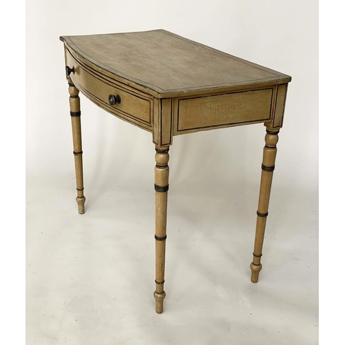 228 - WRITING TABLE, mid 19th century English bowfronted, painted and lined with single frieze drawer and ... 