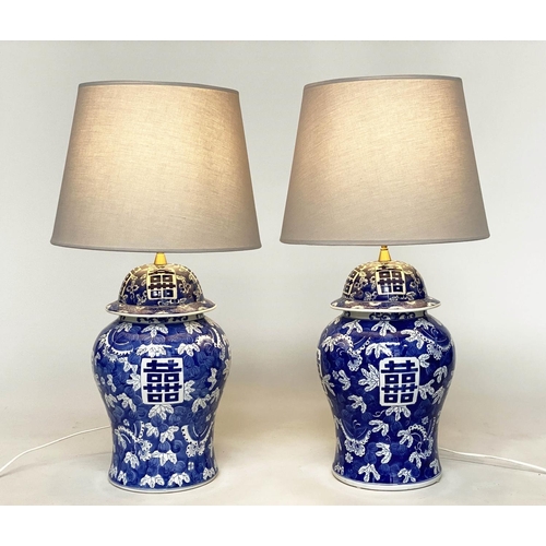 229 - TABLE LAMPS, a pair, large Chinese blue and white ceramic of lidded ginger jar form with script pane... 