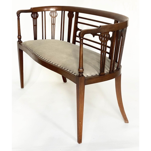 230 - HALL SEAT, early 20th century Secessionist style mahogany and inlaid with enclosed pierced back and ... 