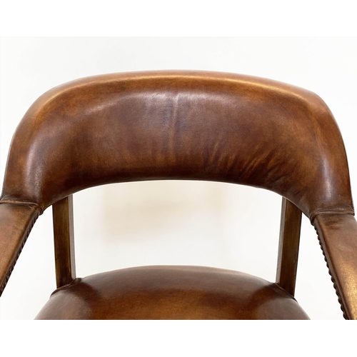 232 - LIBRARY ARMCHAIRS, a pair, walnut and studded mid tan leather each with curved back, 62cm W. (2)